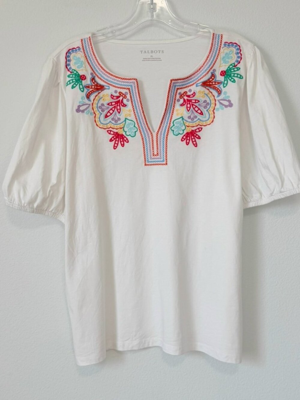 Talbots Short Sleeve Embroidered V-Neck 100% Cotton White Blouse Women's Size XL